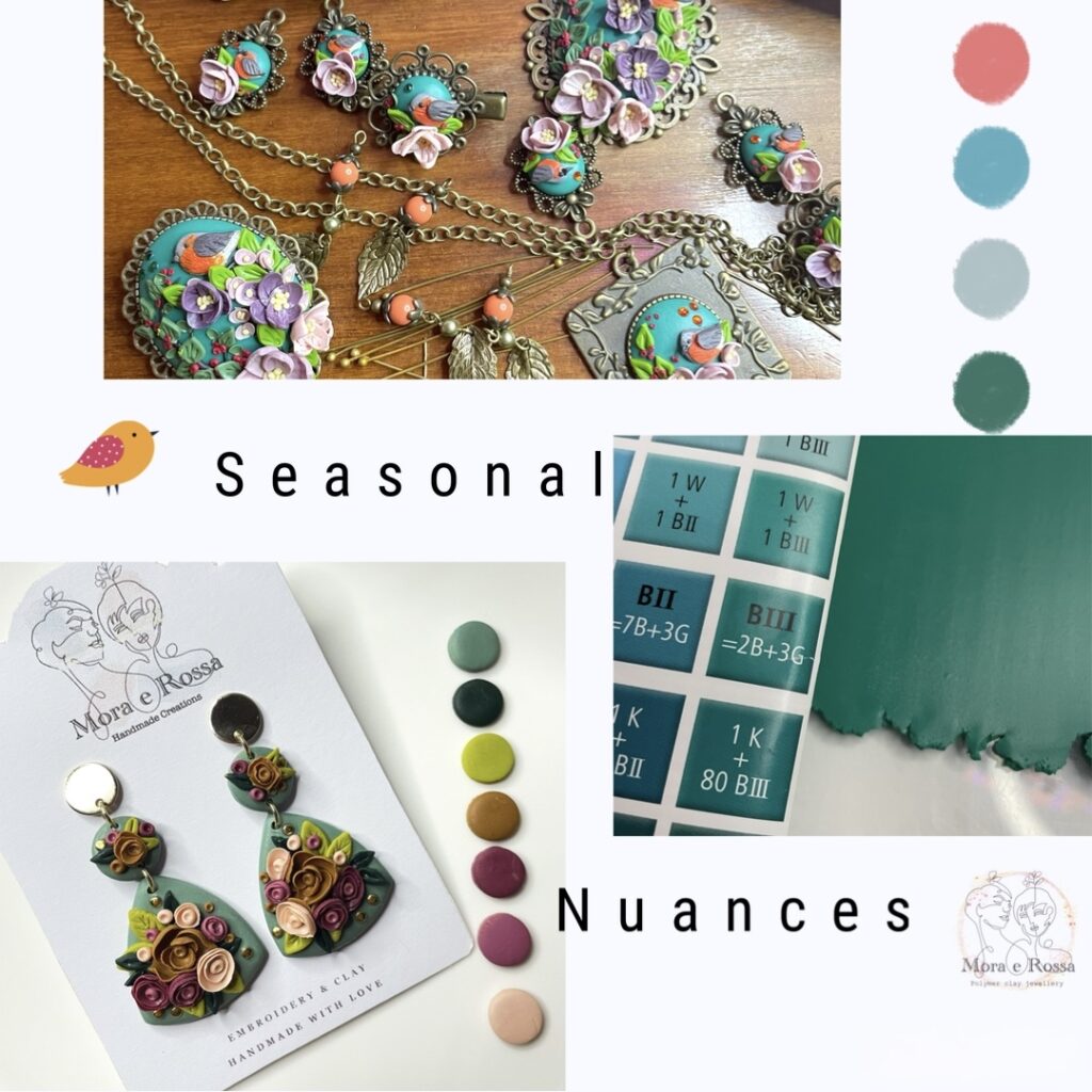 palette di colori autunnali in argilla polimerica, ispirazione pettirosso e fiori.