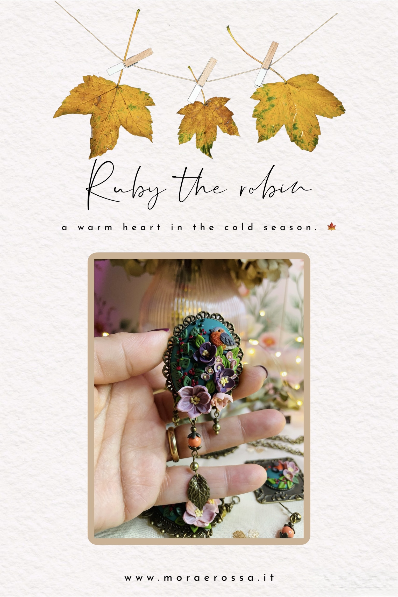 Collezione “Ruby il pettirosso” collana con pendente in argilla polimerica, cameo decorato a mano.