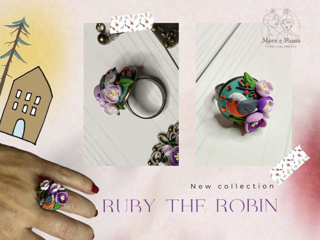 Anello regolabile con cameo modellato a mano in argilla polimerica. Anello della collezione Ruby il pettirosso, gioielli artigianali by moraerossa creations