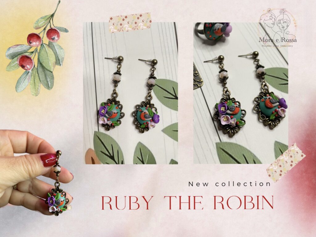 Orecchini pendenti con piccolo cameo in argilla polimerica realizzato a mano, collezione Ruby il pettirosso