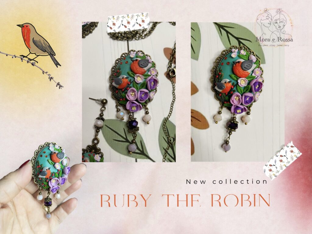 Spilla cameo collezione Ruby il pettirosso, una dolce poesia da indossare al bavero di un cappotto, o per decorare una sciarpa, un cappello, una borsa…