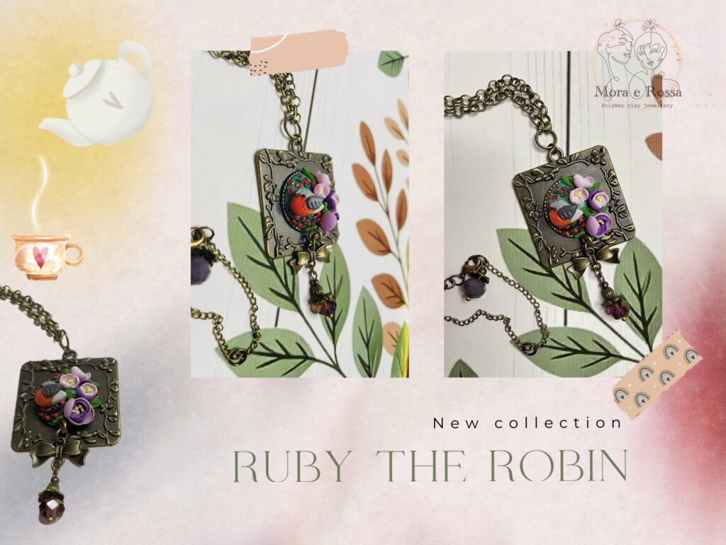 Collana con ciondolo in argilla polimerica modellato a mano, collezione Ruby il pettirosso