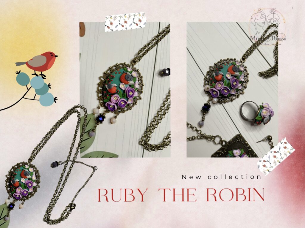 Collana con ciondolo cameo in argilla polimerica modellato a mano, collezione Ruby il pettirosso, gioielli handmade, gioielli artistici